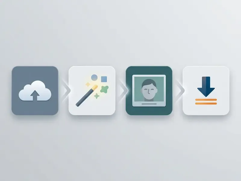 Four sequential icons showing the steps to upload a photo, apply a style, generate a portrait, and download art