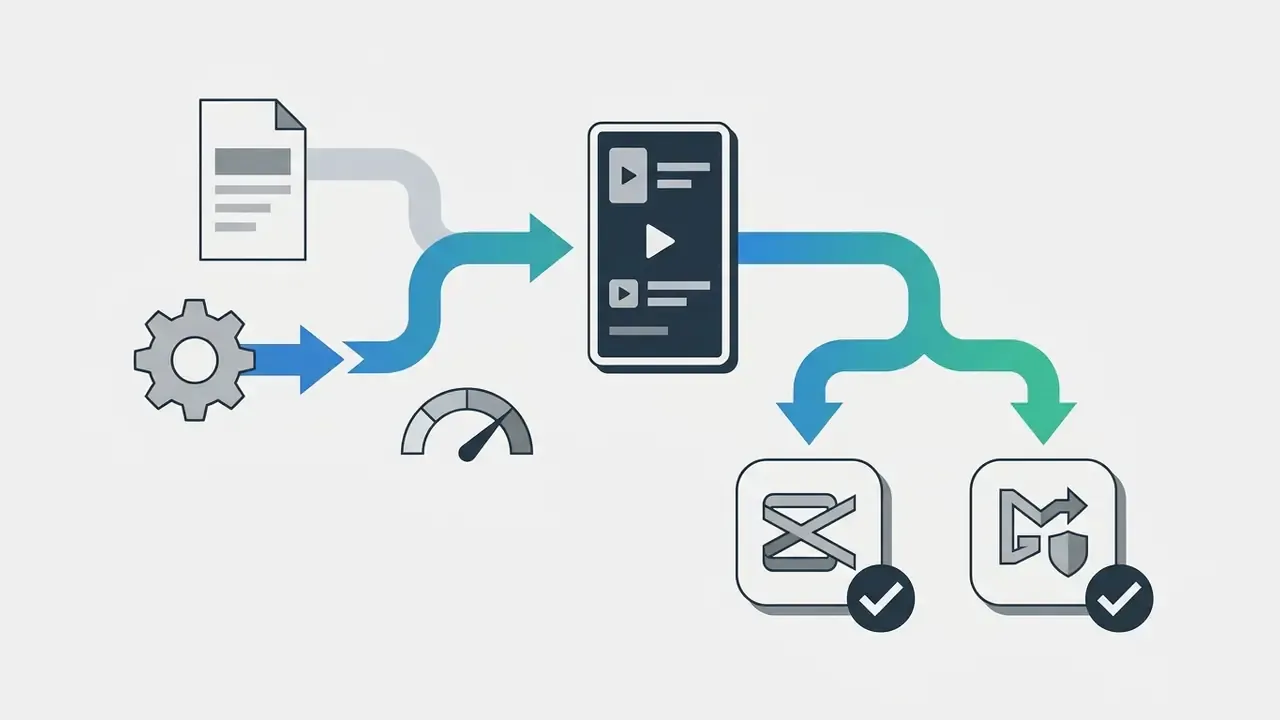 Diagram showing input icons feeding into a mobile video editor that branches to two recommended apps
