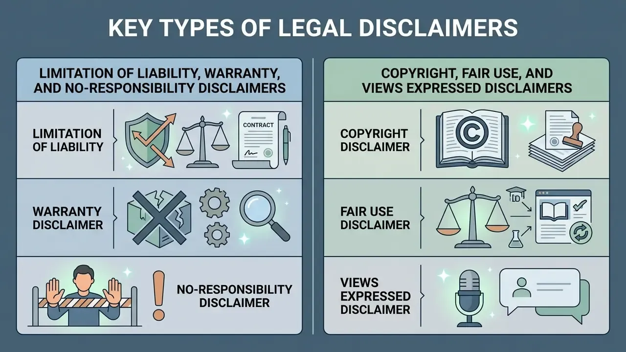 Categorized list of six legal disclaimers featuring icons for liability, copyright, and public statements
