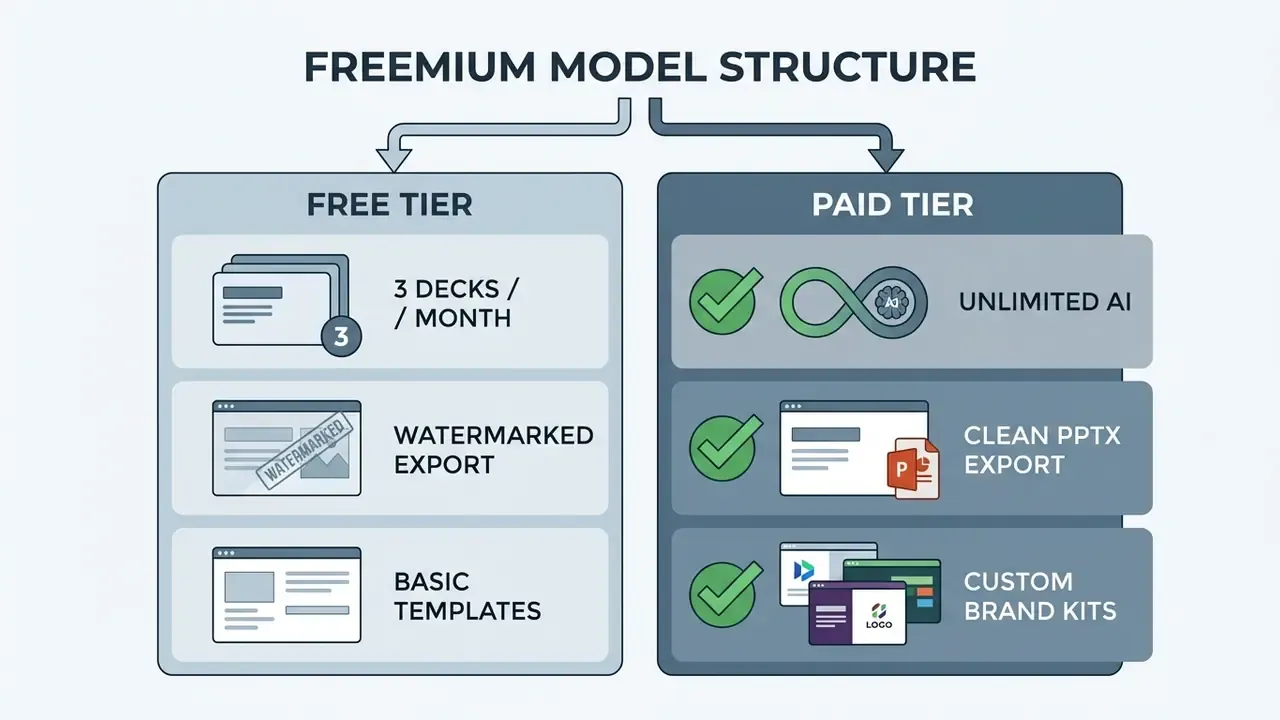 Comparison chart contrasting features of free and paid software tiers with specific service limitations