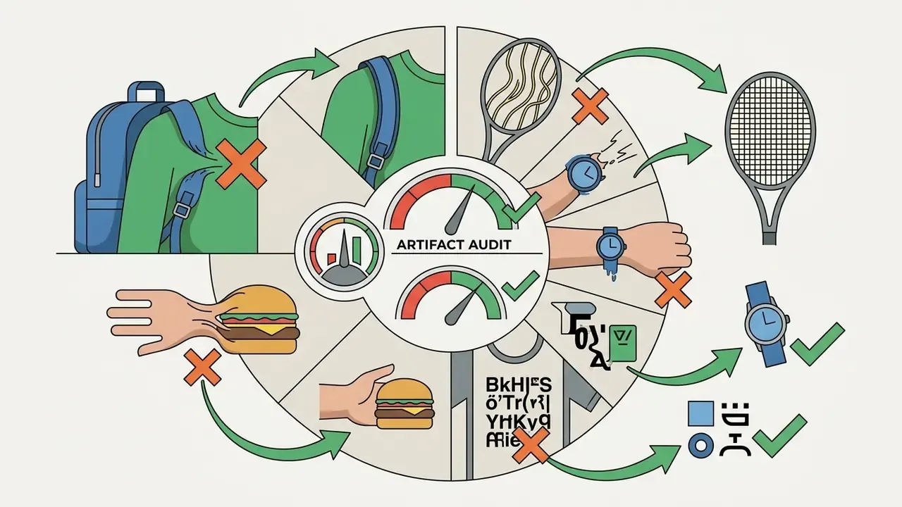Circular process showing common visual artifacts being audited and corrected into functional objects