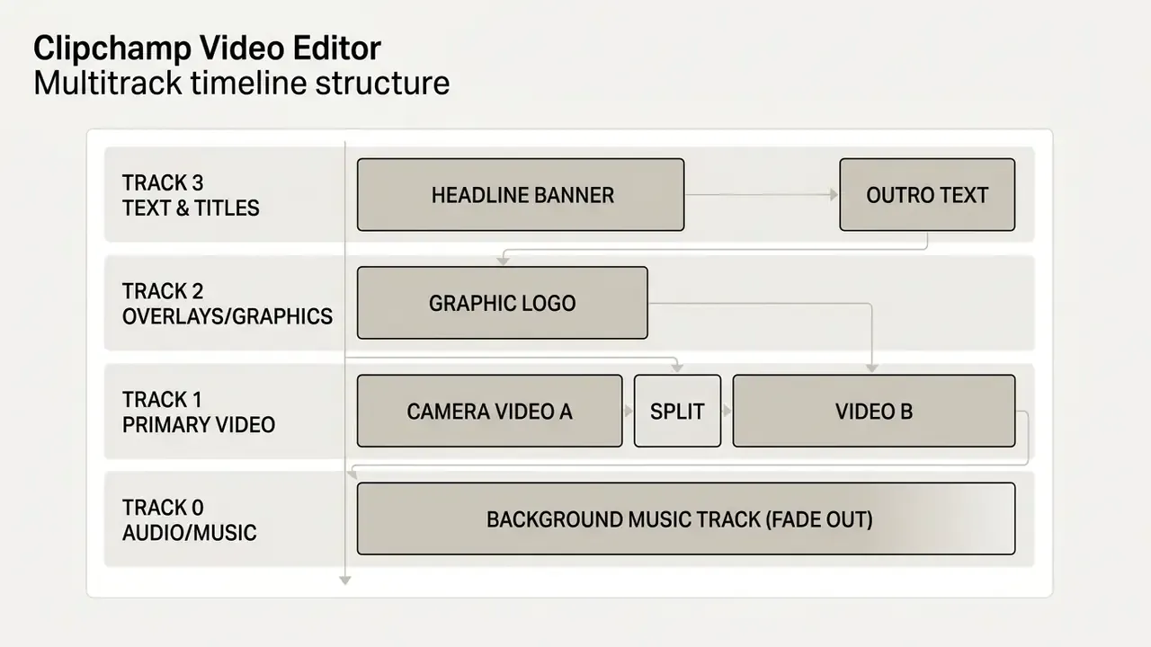 Diagram showing a four-layer multitrack timeline for video projects with text, graphics, and audio