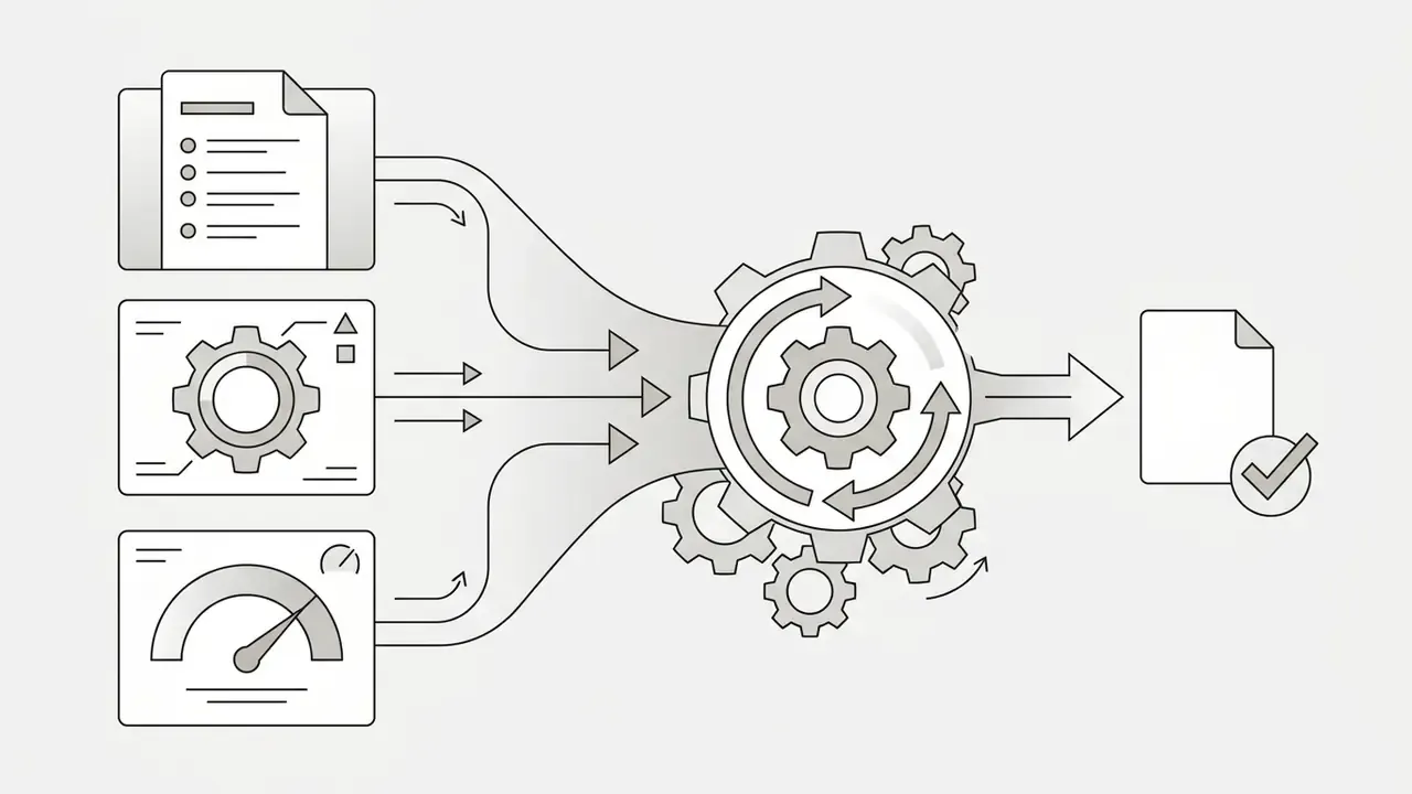 Inputs like documents, settings, and speed metrics feeding into a central gear system to produce a checked file