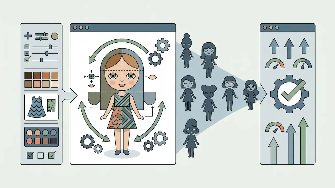Doll design interface with sliders and clothing options feeding into a processing funnel of silhouettes