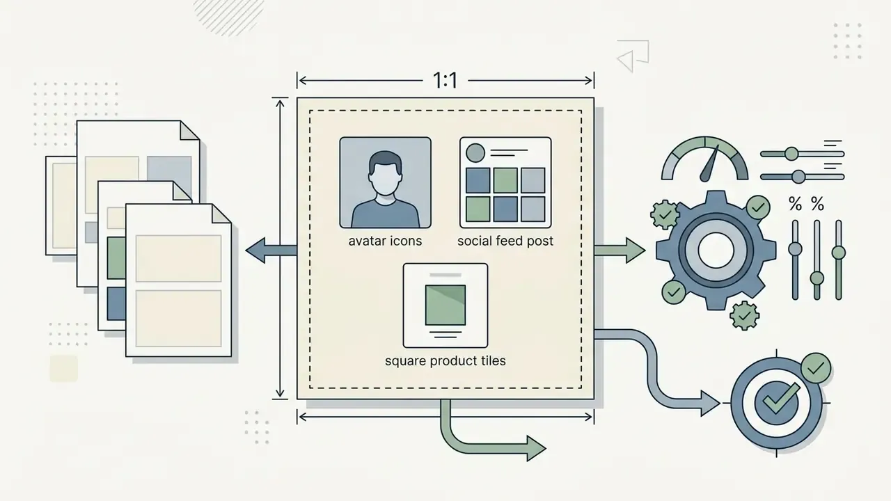 Square aspect ratio frame showing avatar icons, social feed posts, and product tiles with processing gears