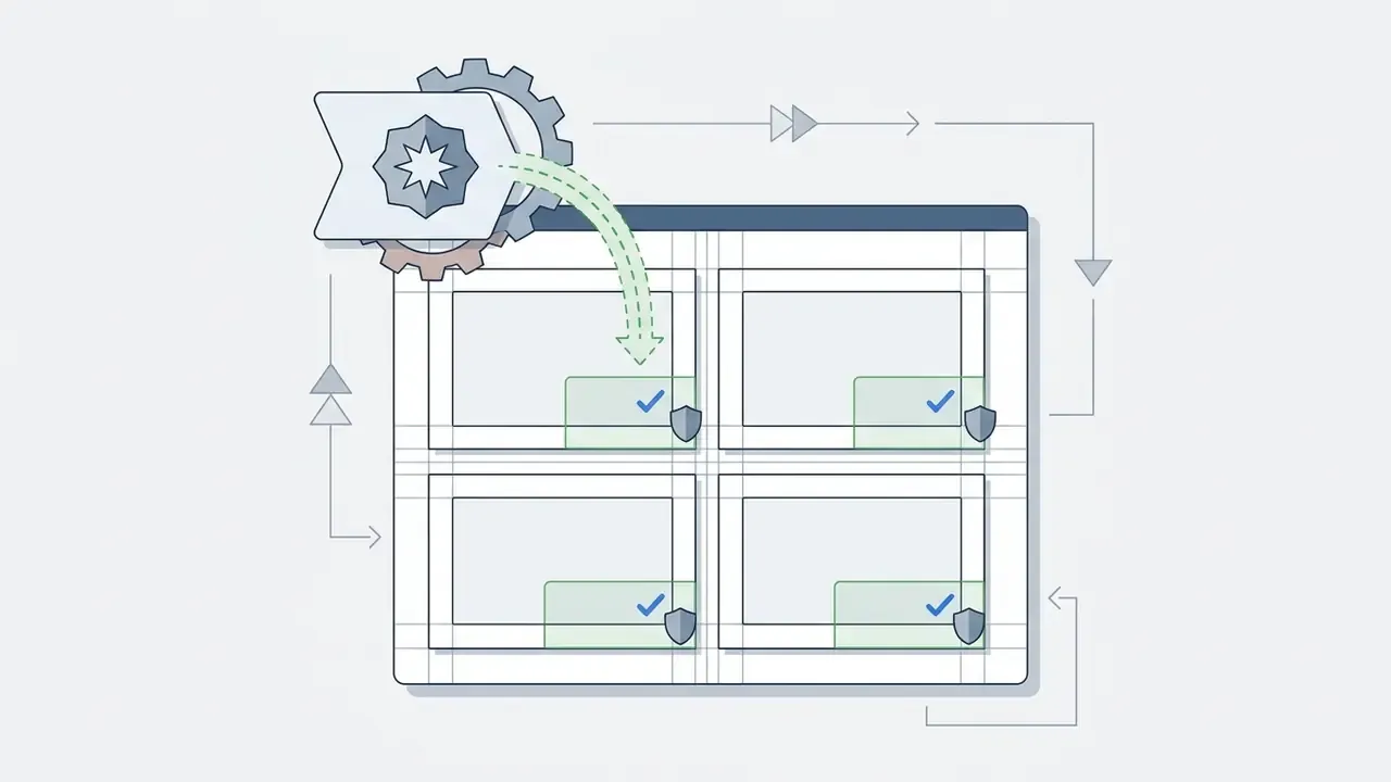 Gear mechanism placing branded logos into designated safe zones within a four-panel layout grid