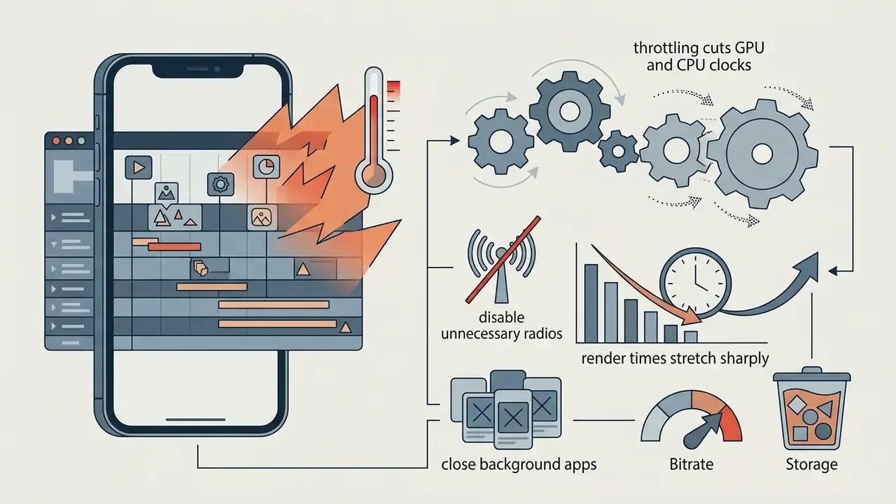 Smartphone overheating during video rendering with icons showing reduced performance and system tips