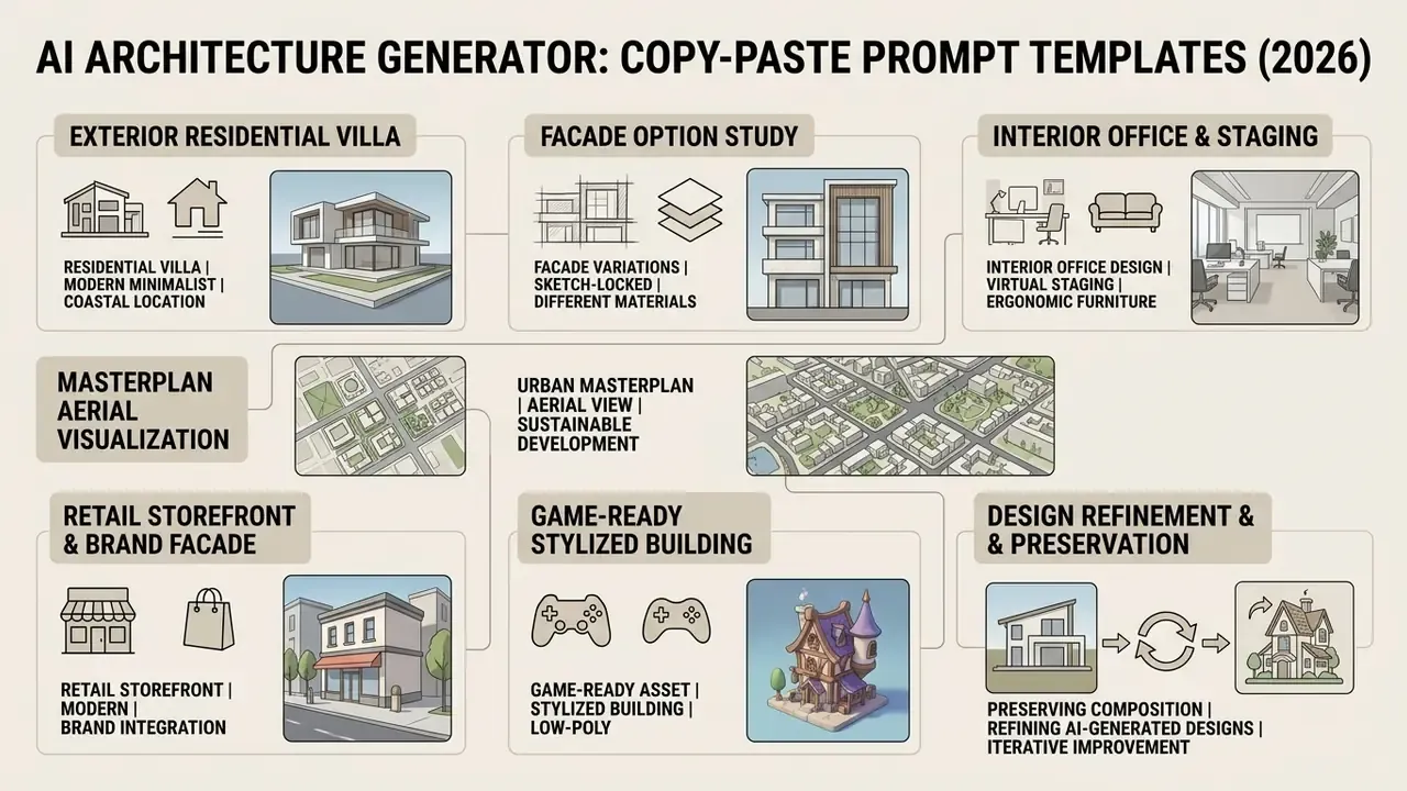 Grid of seven architectural design categories with icons and sample imagery for prompt development