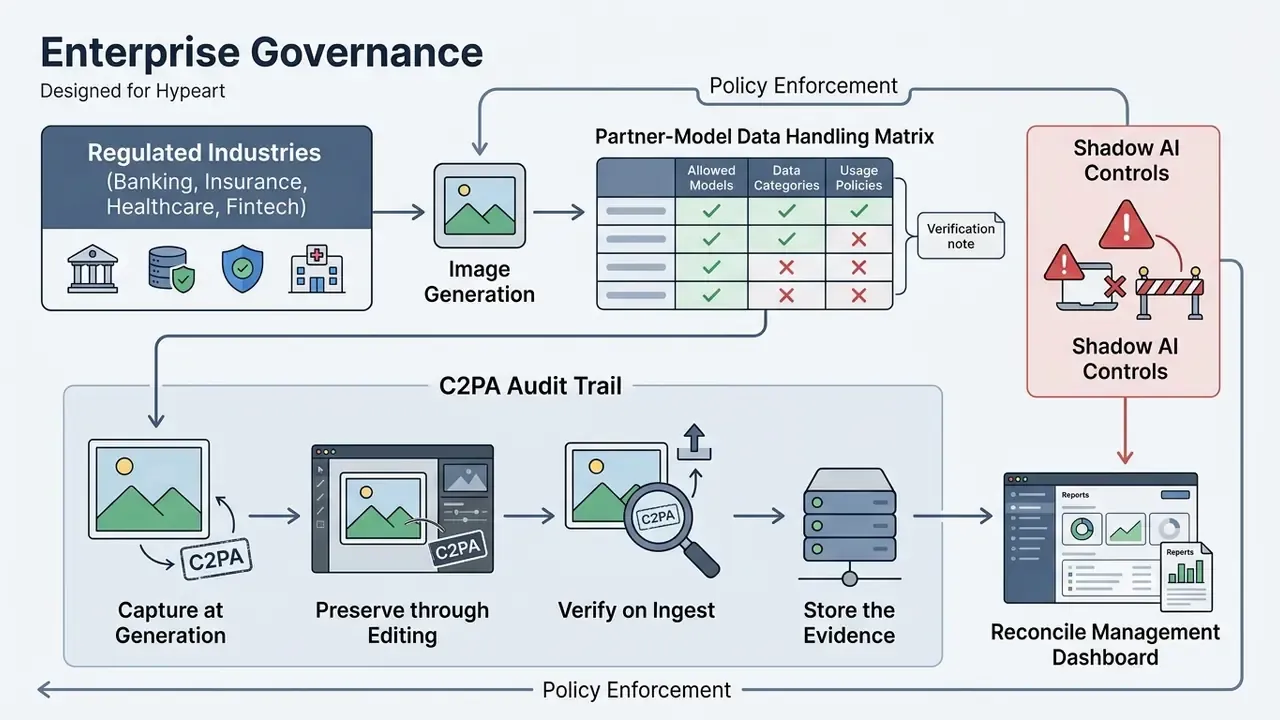 Flowchart illustrating data handling matrices, C2PA audit trails, and shadow AI control workflows