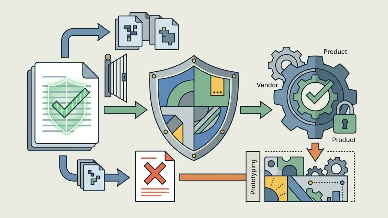 Documents flowing through a shield to vendor gears or a red cross for prototyping