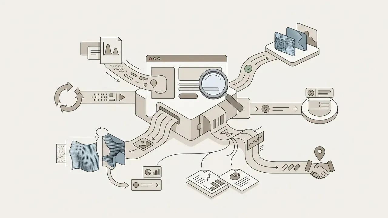 Magnifying glass over a processor hub routing data streams to various icons representing analysis