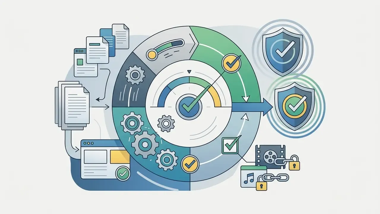 Documents and media files feeding into a circular gear system that outputs to shield icons with checkmarks
