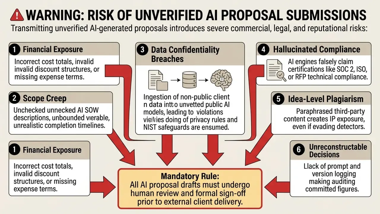 Diagram detailing six risks of unverified AI business submissions and a mandatory human review requirement