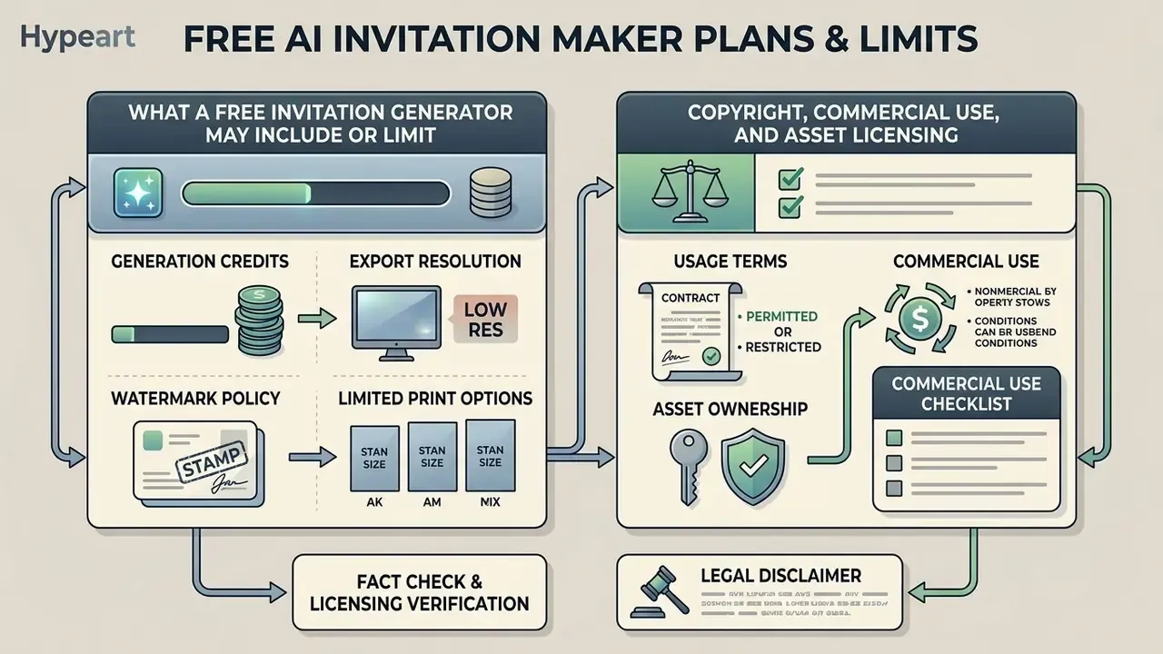 Infographic comparing generation limits with copyright and commercial use policies for digital design tools