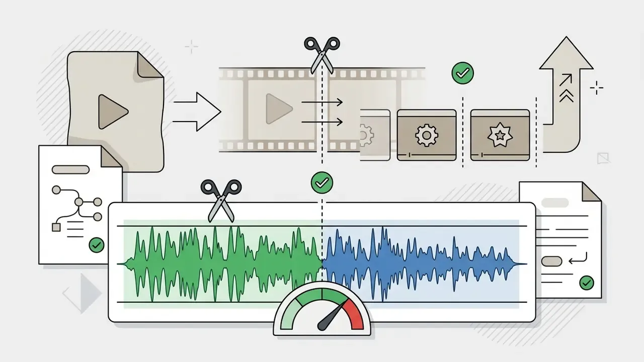 Audio waveform editing process showing splice points, loudness normalization, and export preparation