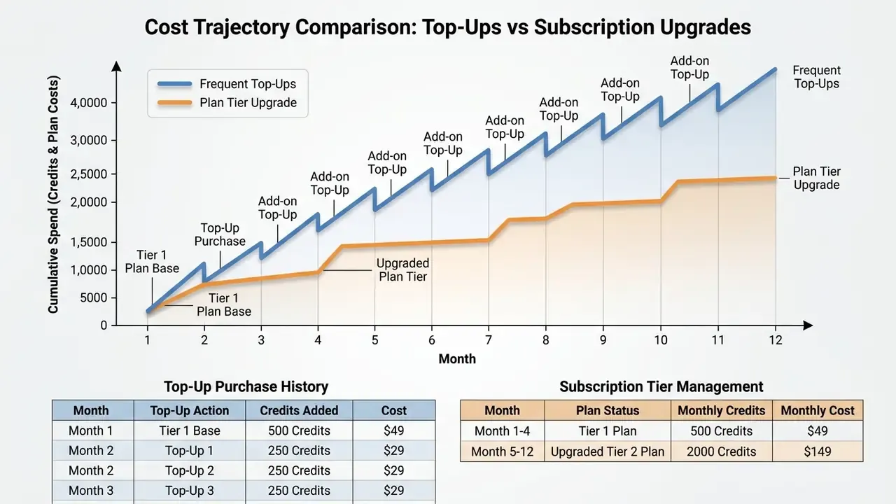 Line graph comparing cumulative spend of frequent credit top-ups versus upgrading an AI video plan tier