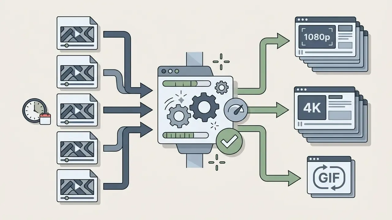Workflow showing multiple video files being processed into 1080p, 4K, or GIF formats in CapCut