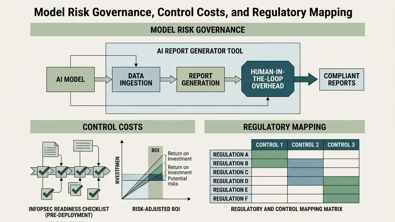 Process flow for AI document creation alongside an InfoSec checklist, ROI graph, and regulatory matrix