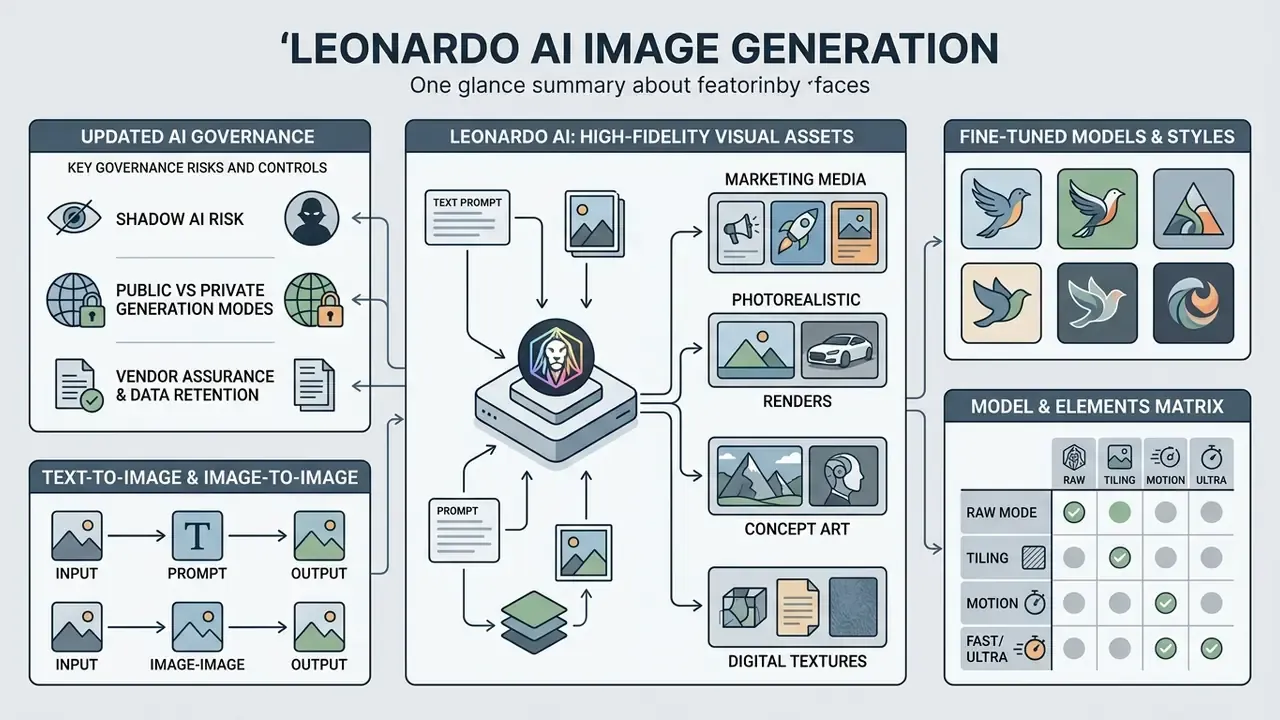Infographic detailing Leonardo AI governance, generation workflows, and various visual output categories
