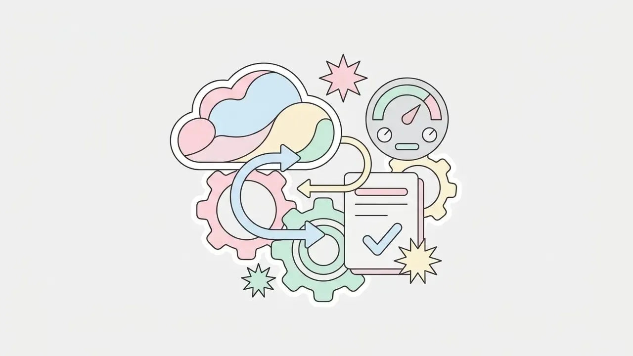 Pastel cloud and gears connecting to a document icon with a checkmark and a circular gauge