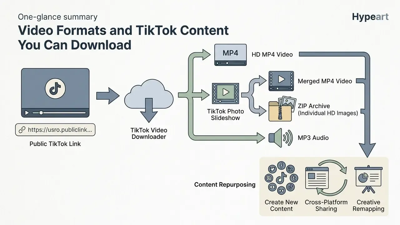 Flowchart showing how to save TikTok video without watermark as MP4, ZIP archives, or MP3 audio files