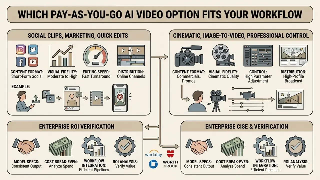 Categorization of AI video workflows by content format, visual fidelity, editing speed, and enterprise ROI