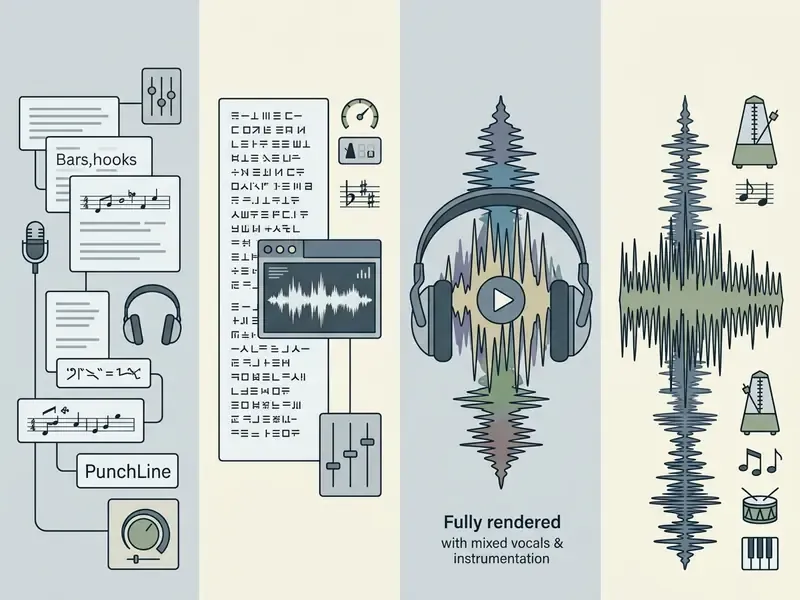 Four vertical panels illustrating AI diss track generator outputs from text lyrics to full audio mixes