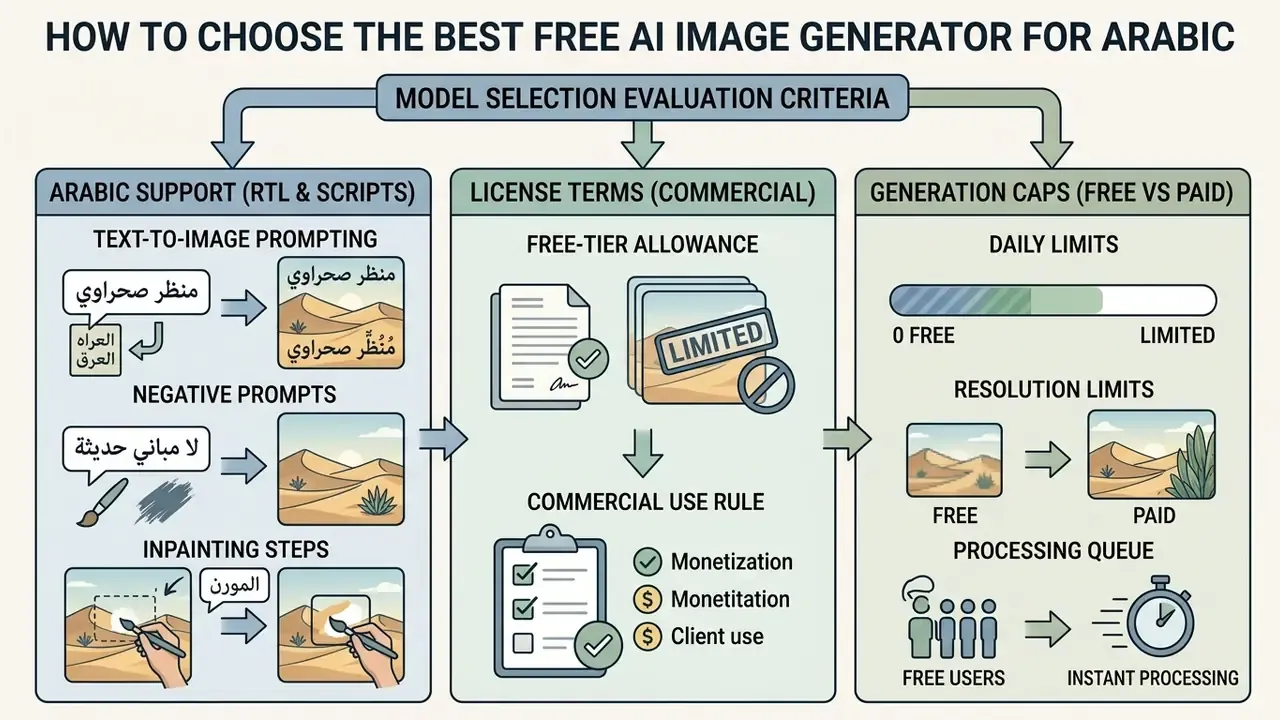 Decision framework for evaluating a free AI image generator based on Arabic support, licensing, and usage caps