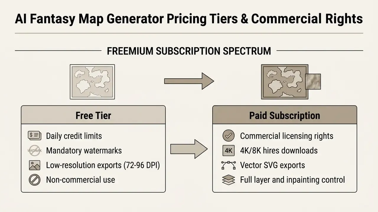 Side-by-side comparison of free and paid subscription features for map generation software