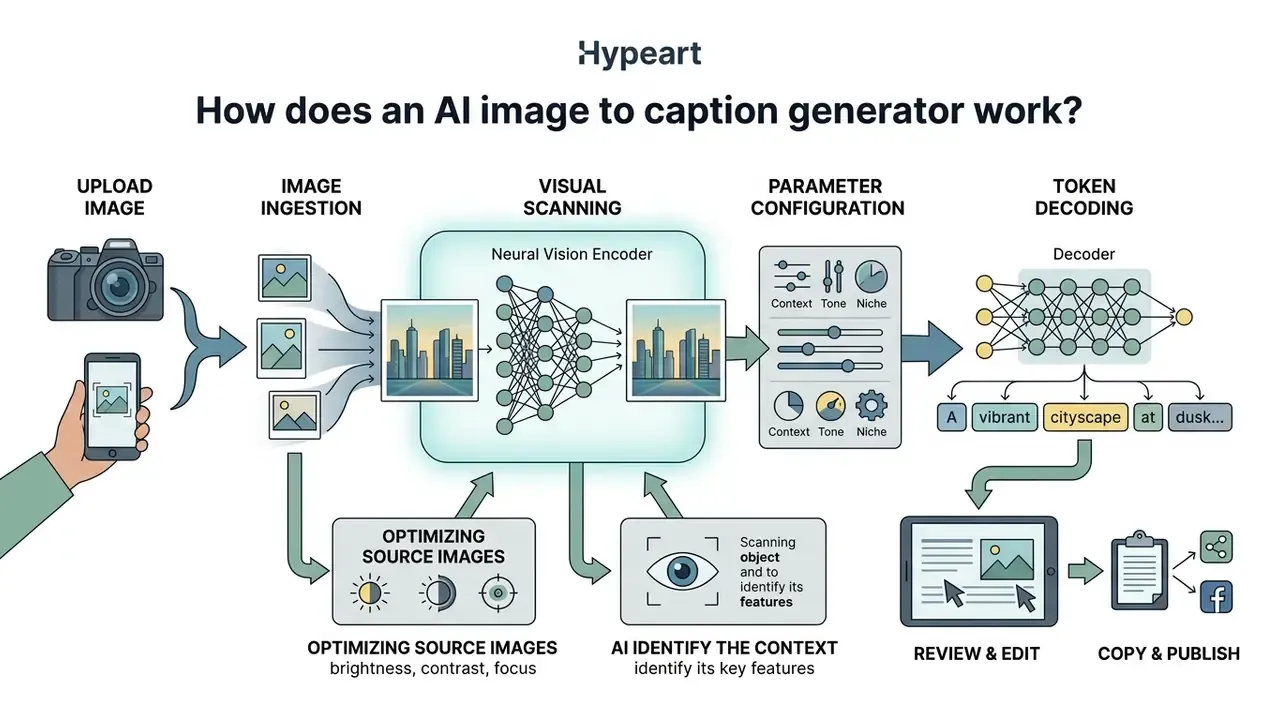 Flowchart showing the multi-stage pipeline of an AI image to caption generator from upload to publishing