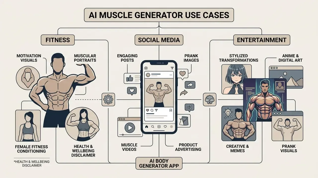 Conceptual map illustrating diverse applications for digital physique transformation tools across media