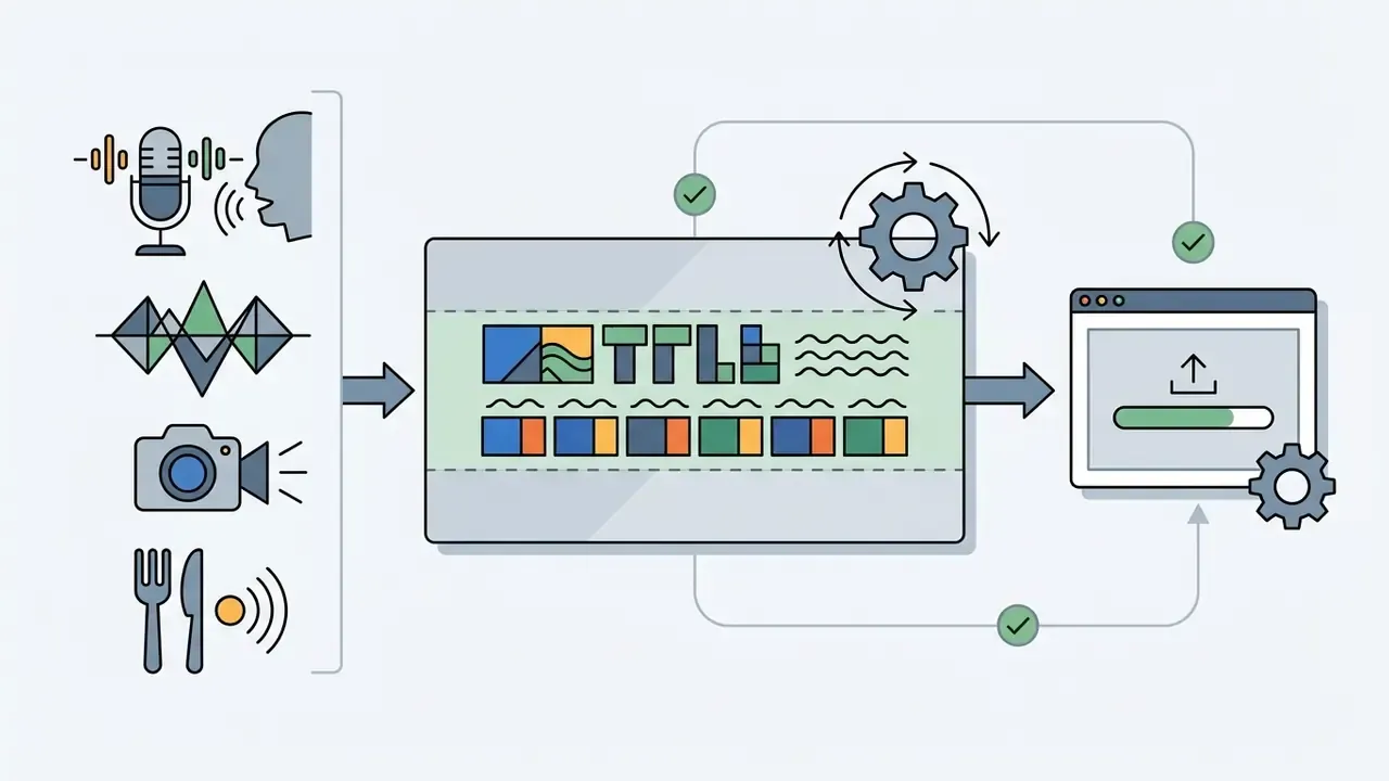 Diagram showing content icons leading into a central banner template and an upload interface