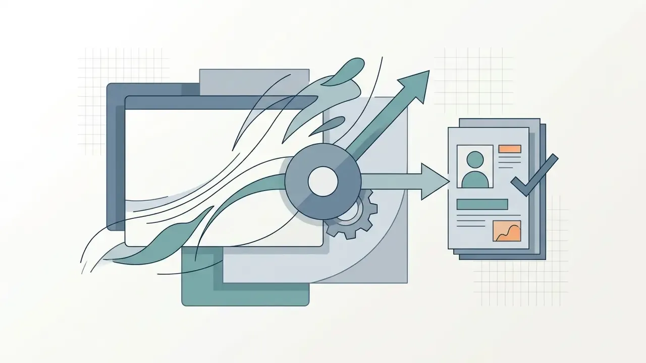 Abstract shapes and gears directing stylized data flow toward a verified document icon
