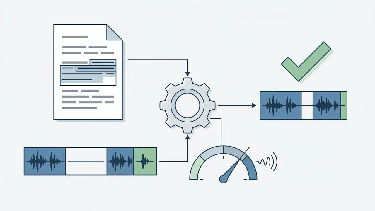 Document and audio track feeding into a gear icon that processes silence to output a cleaned audio clip
