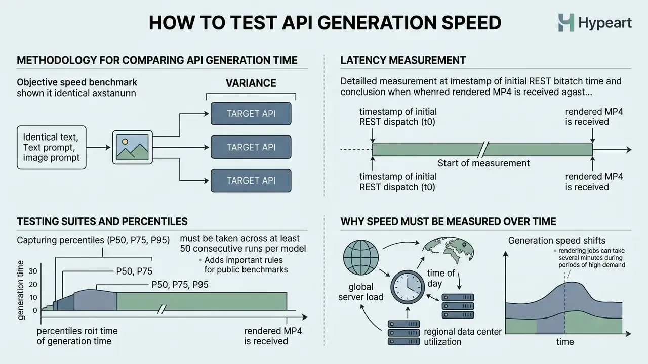 Diagrams explaining methodology for benchmarking AI video API generation speed and latency over time