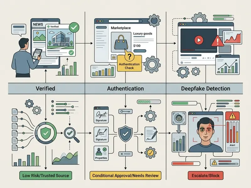 Process map showing verification, authentication, and deepfake detection workflows for risk assessment