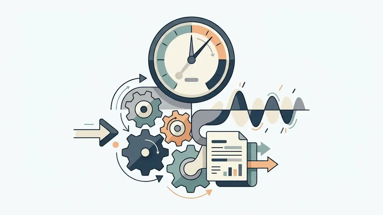 Speedometer gauge above interlocking gears that process audio wave patterns into a structured data report
