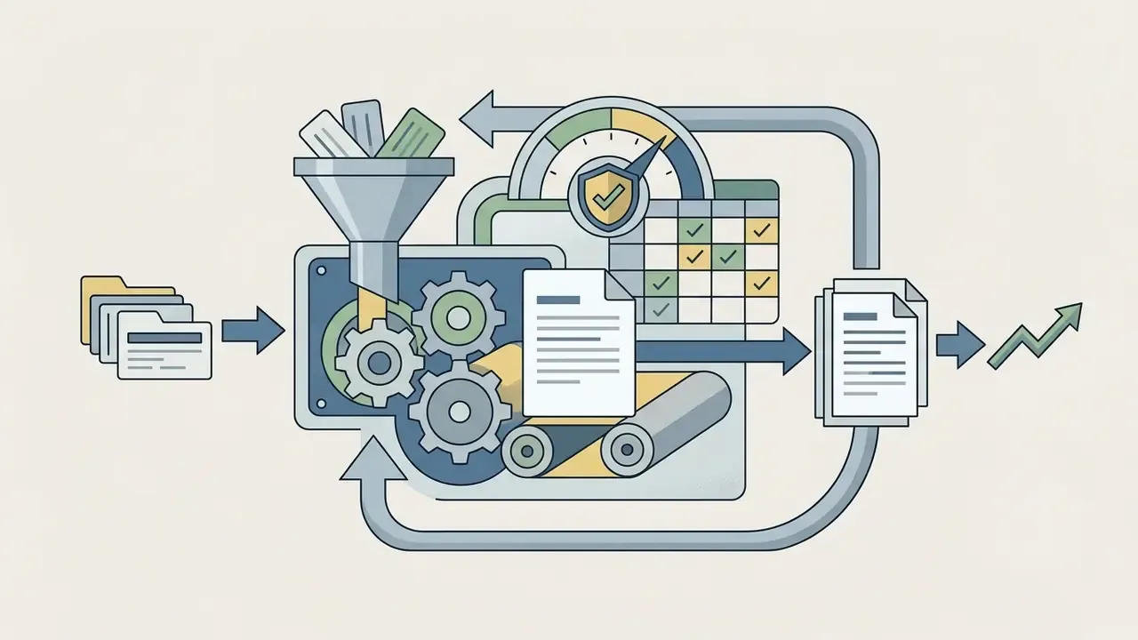 Folders feeding into a gear system and funnel to produce documents with performance and quality checks