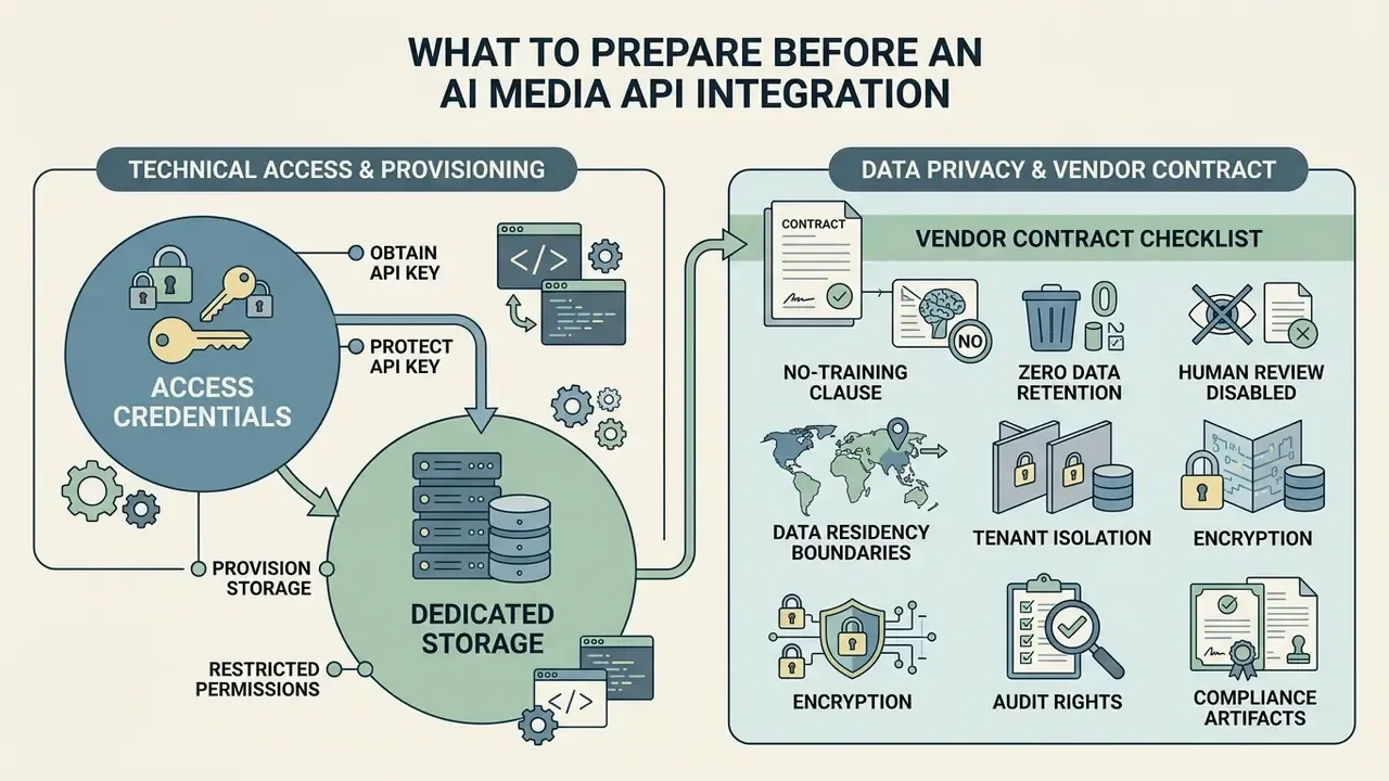 Diagram illustrating technical access provisioning and a vendor contract checklist for AI Media API setups