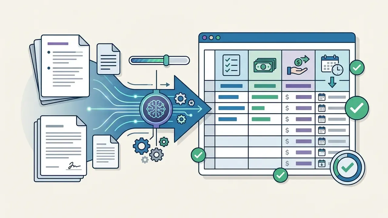Text files flowing into a processing engine that converts them into an organized financial table