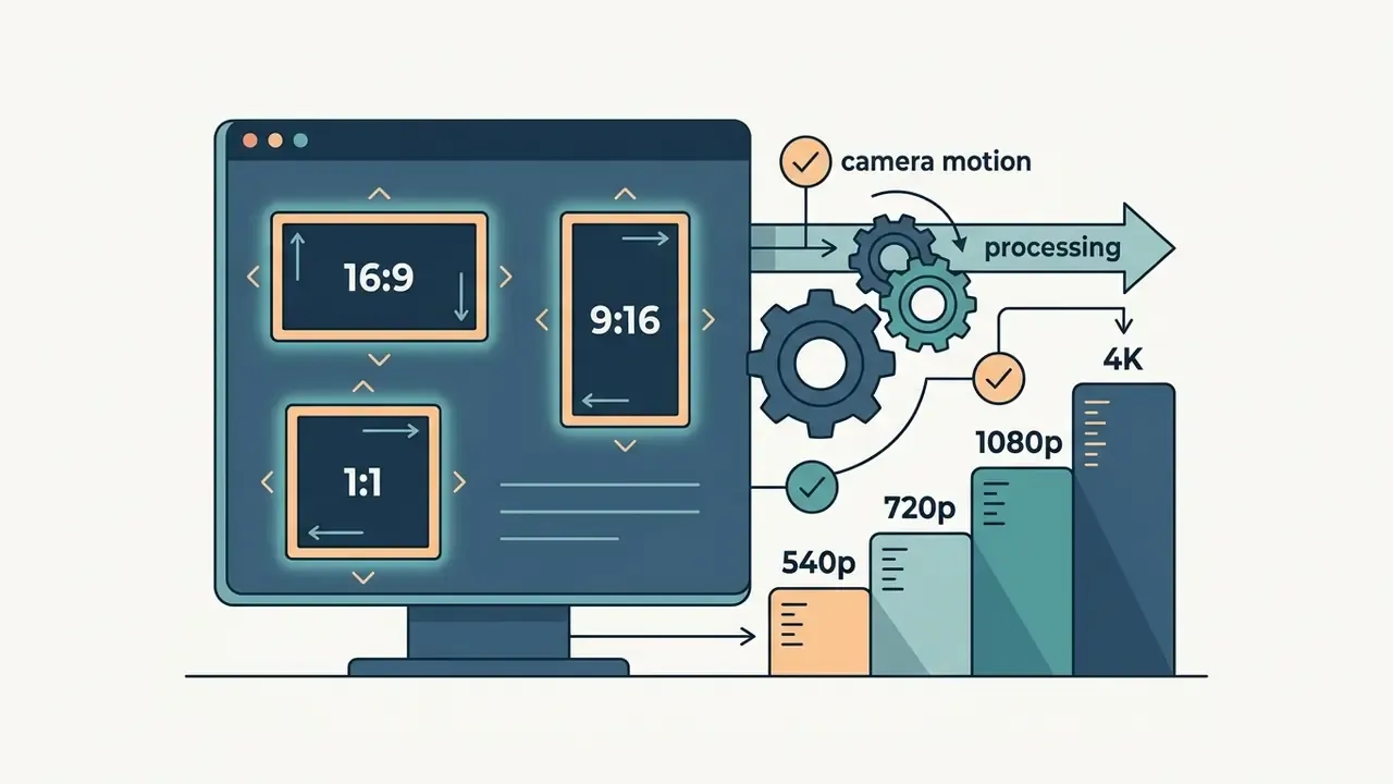 Interface showing aspect ratio selection boxes and gears indicating camera motion and resolution settings