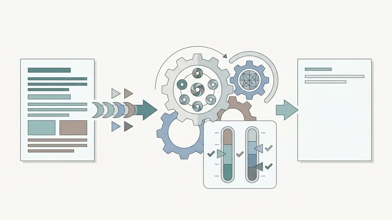 Text moving through a gear mechanism and adjustment sliders to emerge as a processed document