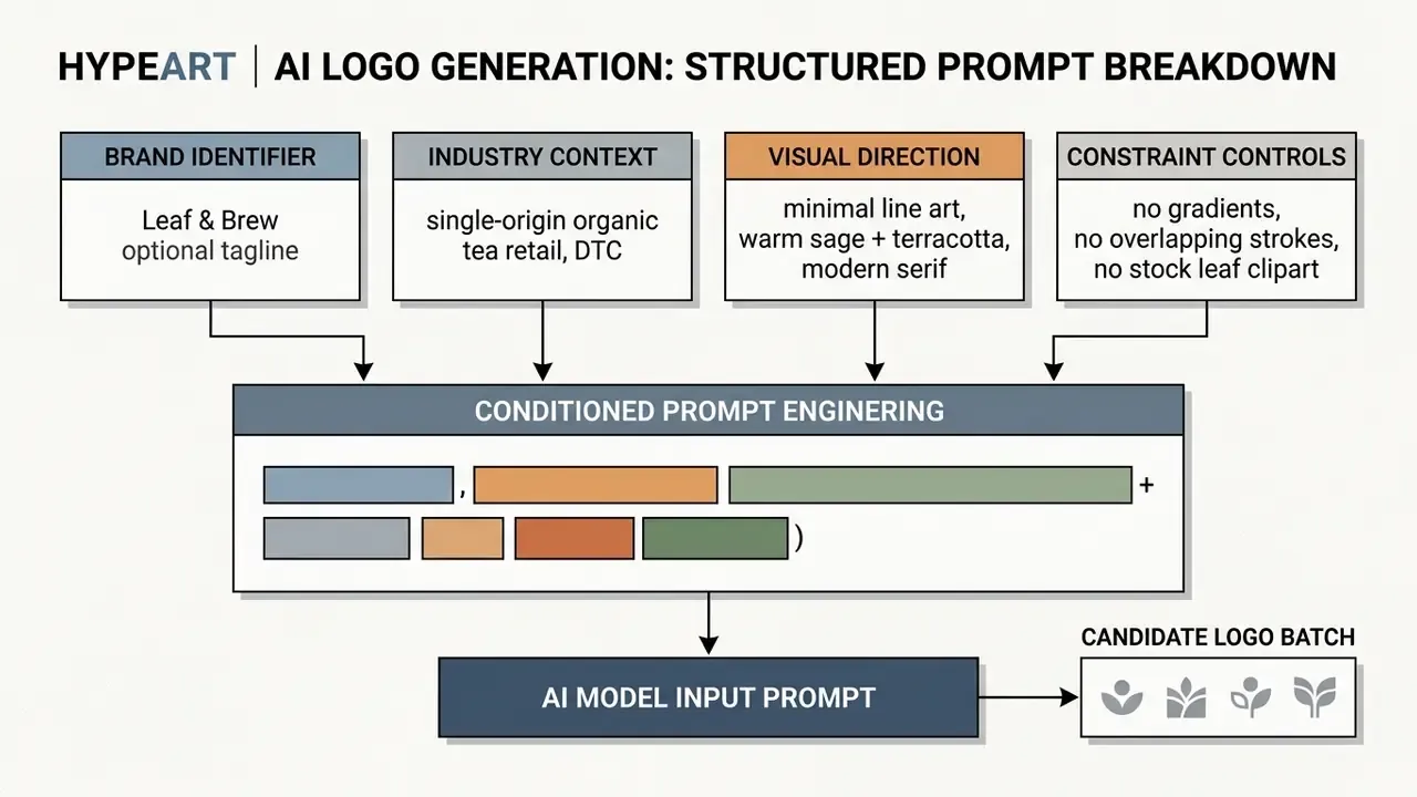 Diagram showing how structured brand inputs are synthesized into an AI company logo generator prompt