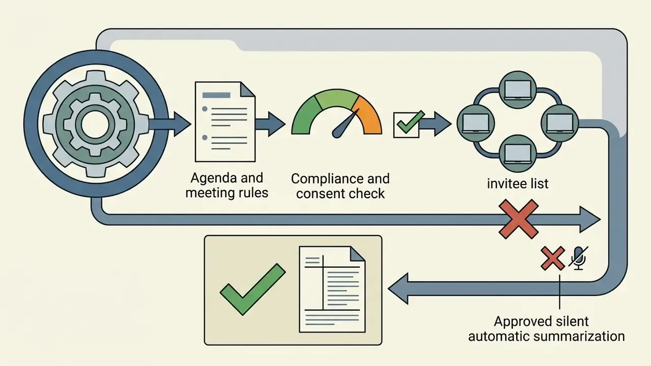 Workflow showing meeting rules and consent checks filtering data to authorized invitee lists