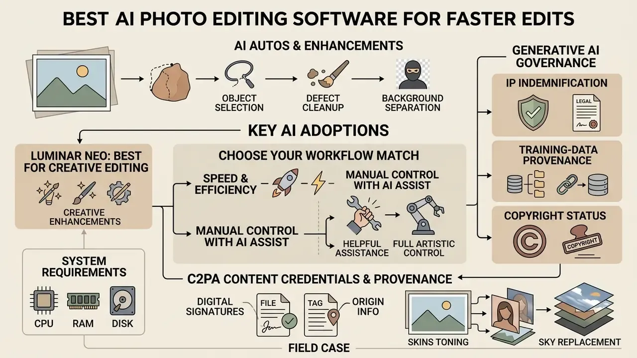 Diagram showing AI tools in photo editor programs for automation, workflow matching, and content governance