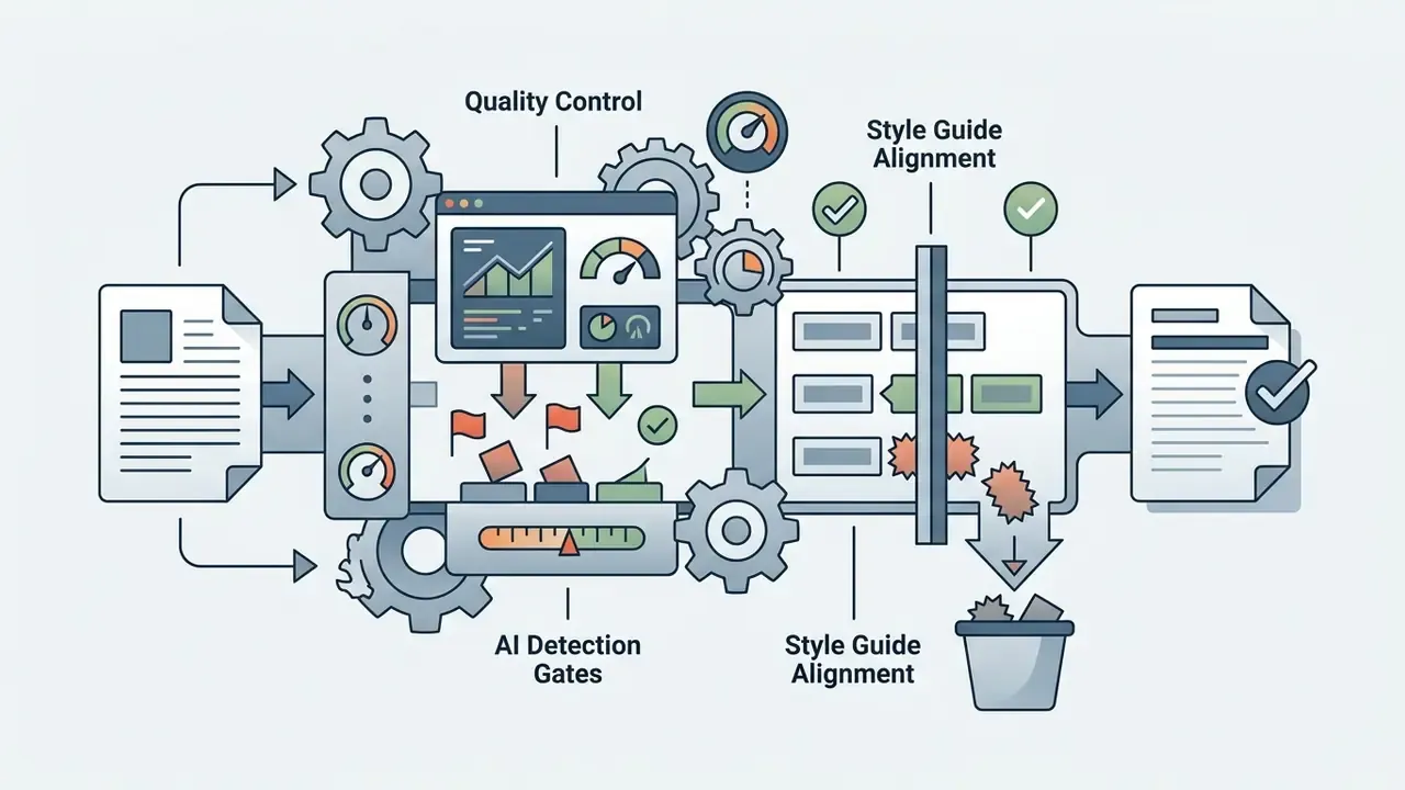 Gear-driven process filtering text through quality control gates and style guide alignment for AI tools