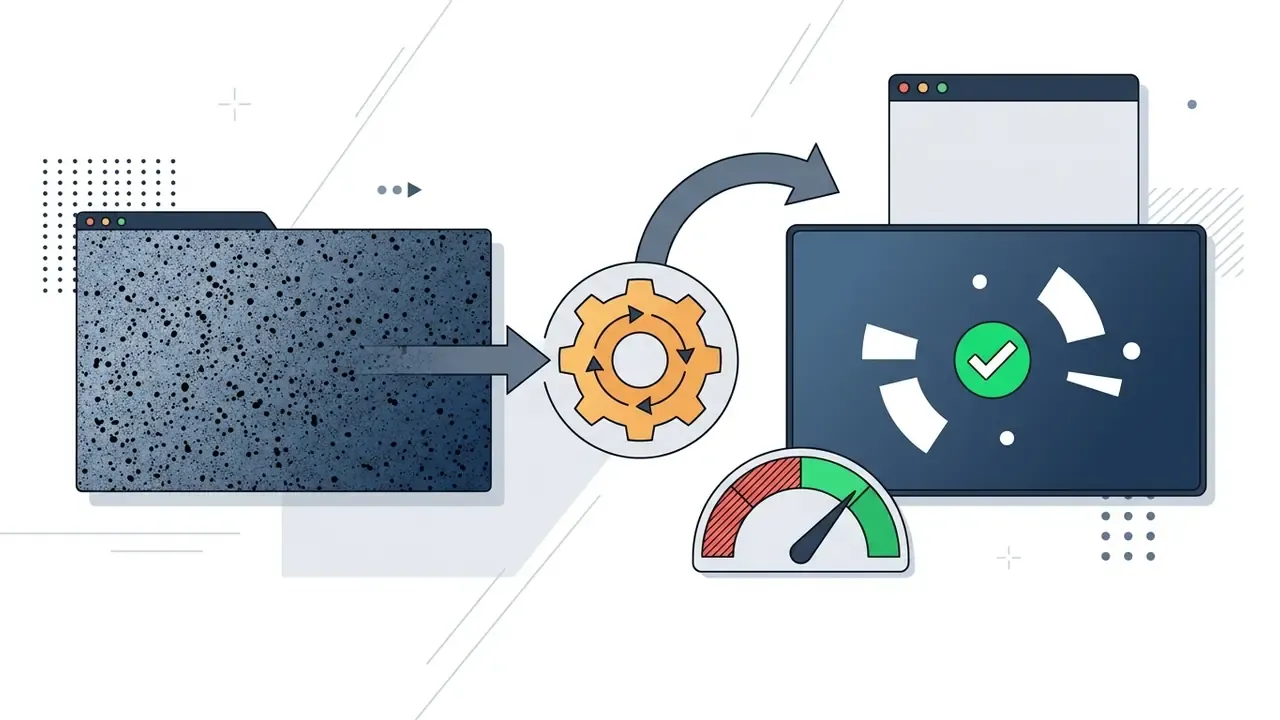 Noisy image file processed through a gear mechanism to produce a clean version with a status checkmark