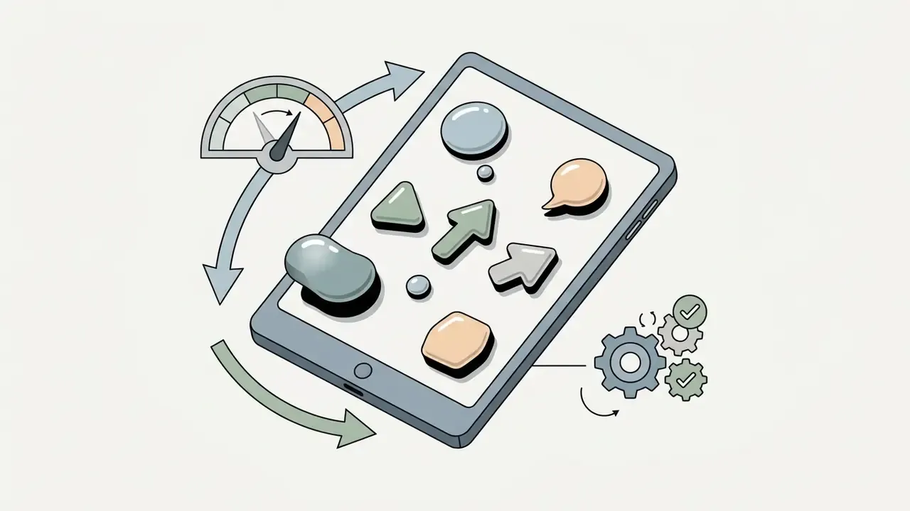 Tablet screen displaying 3D shapes with a circular gauge and gear icons indicating a processing cycle