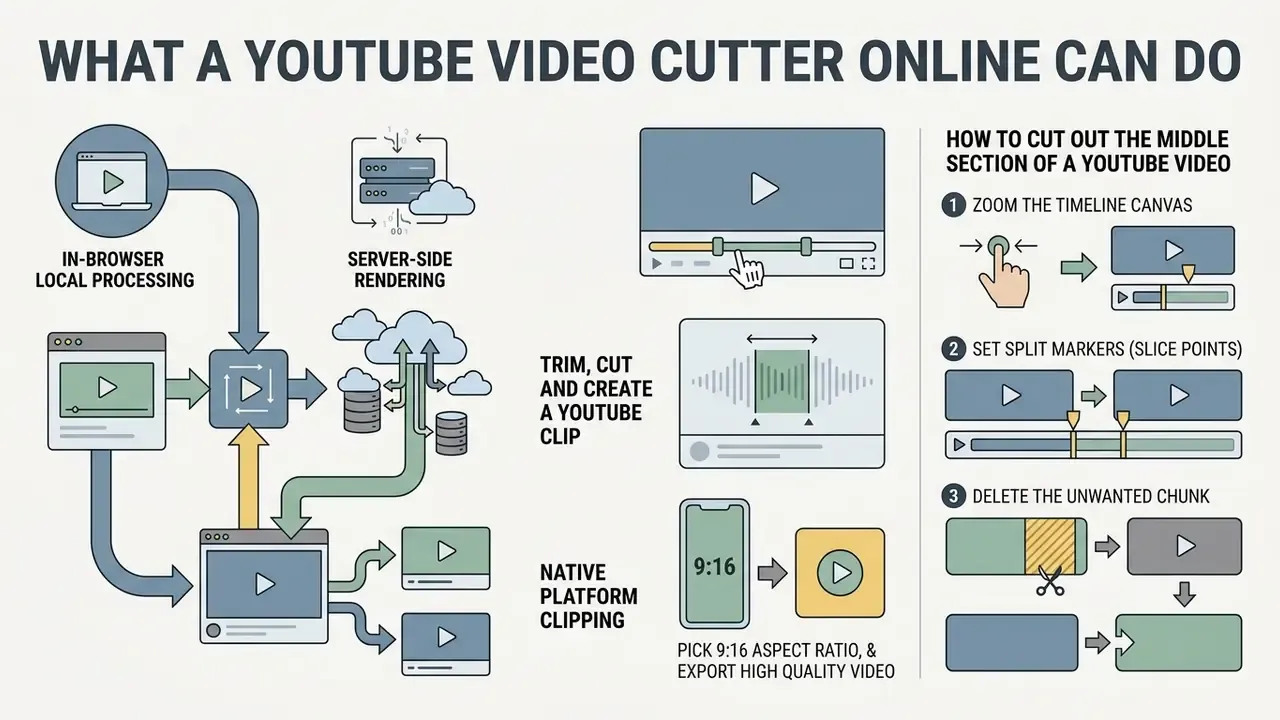 Diagram showing processing methods and step-by-step instructions for a YouTube video cutter online