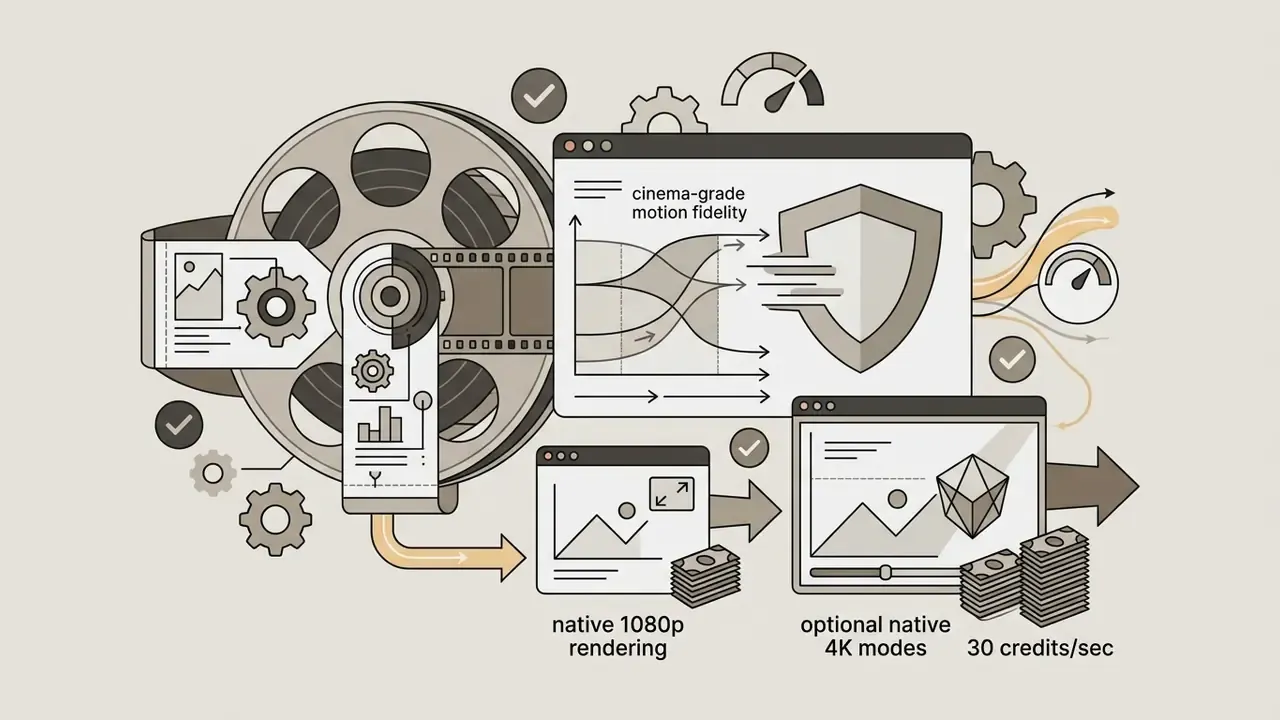 Film reel and software windows processing video settings into Kling AI credit costs